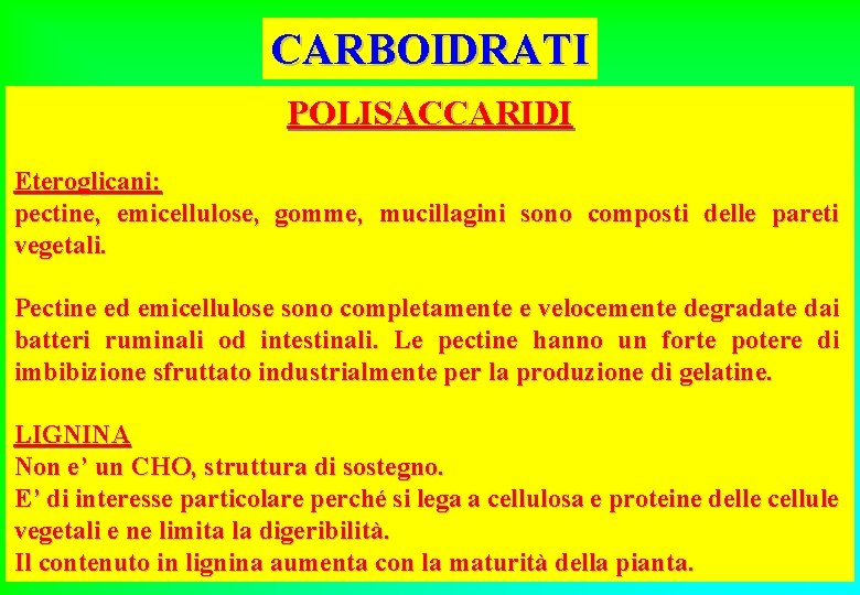 CARBOIDRATI POLISACCARIDI Eteroglicani: pectine, emicellulose, gomme, mucillagini sono composti delle pareti vegetali. Pectine ed