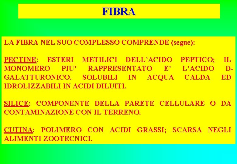 FIBRA LA FIBRA NEL SUO COMPLESSO COMPRENDE (segue): PECTINE: ESTERI METILICI DELL’ACIDO PEPTICO; IL