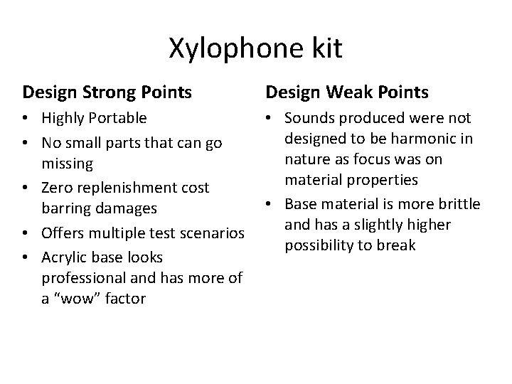 Xylophone kit Design Strong Points Design Weak Points • Highly Portable • No small