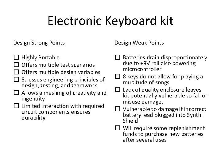 Electronic Keyboard kit Design Strong Points Design Weak Points Highly Portable Offers multiple test