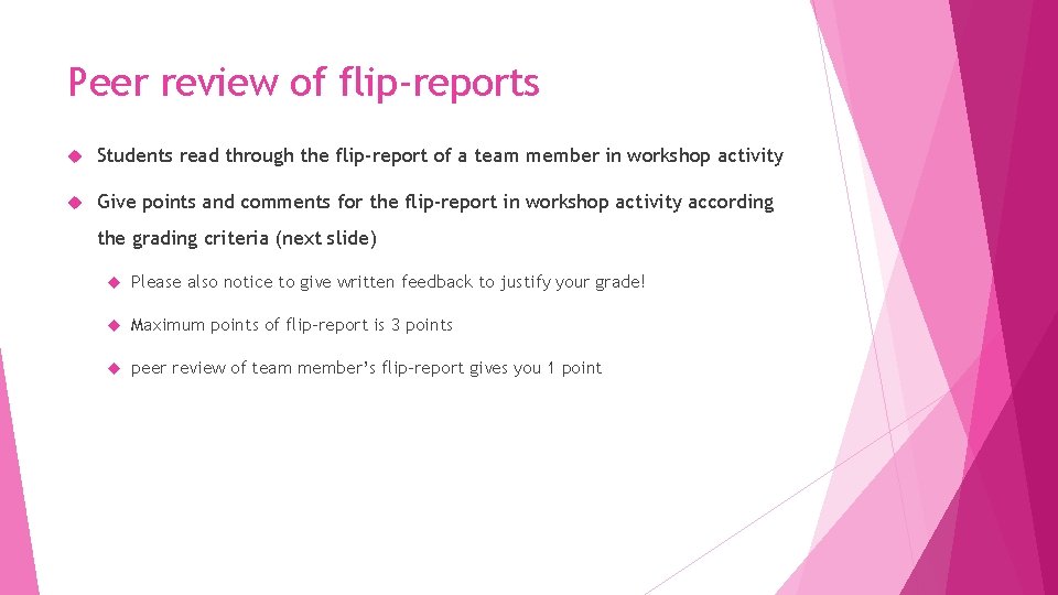 Peer review of flip-reports Students read through the flip-report of a team member in