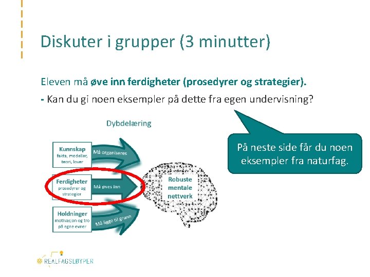 Diskuter i grupper (3 minutter) Eleven må øve inn ferdigheter (prosedyrer og strategier). -