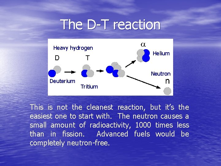 The D-T reaction Heavy hydrogen Helium Neutron Deuterium Tritium This is not the cleanest