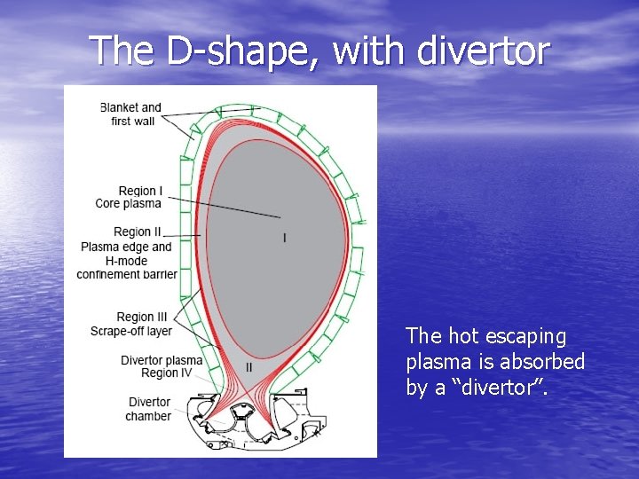 The D-shape, with divertor The hot escaping plasma is absorbed by a “divertor”. 