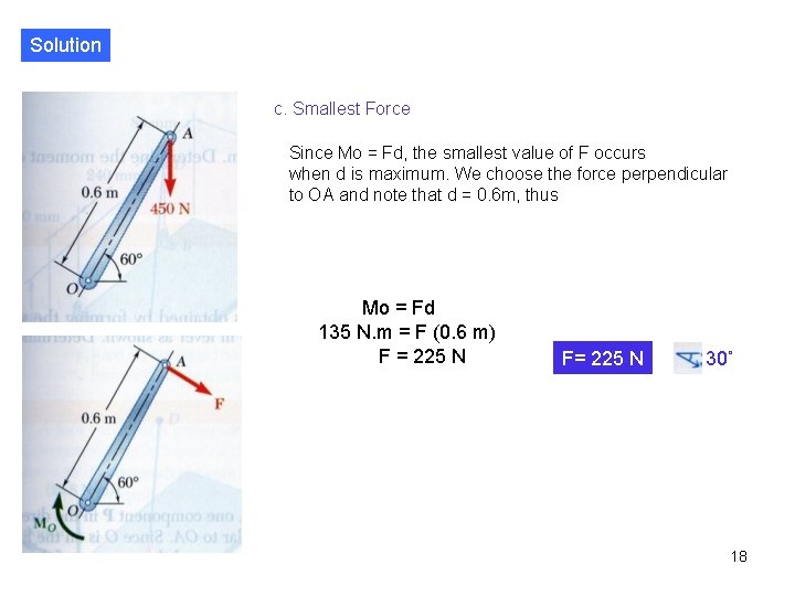 Solution c. Smallest Force Since Mo = Fd, the smallest value of F occurs
