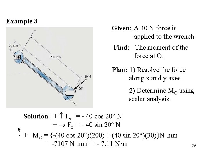 Example 3 Given: A 40 N force is applied to the wrench. Find: The