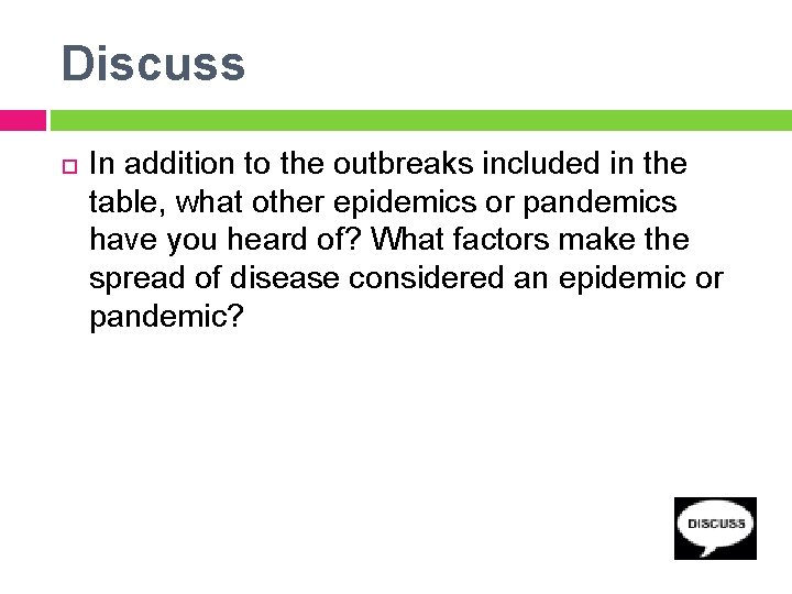 Discuss In addition to the outbreaks included in the table, what other epidemics or