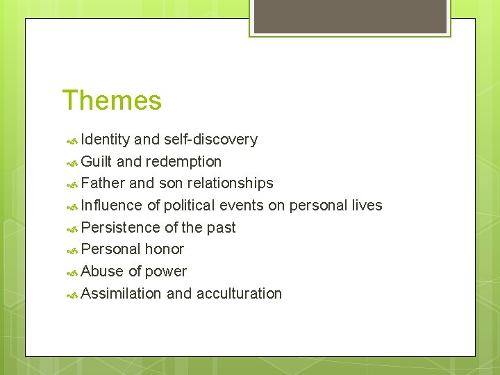 Themes Identity and self-discovery Guilt and redemption Father and son relationships Influence of political