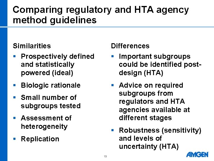 Comparing regulatory and HTA agency method guidelines Similarities § Prospectively defined and statistically powered