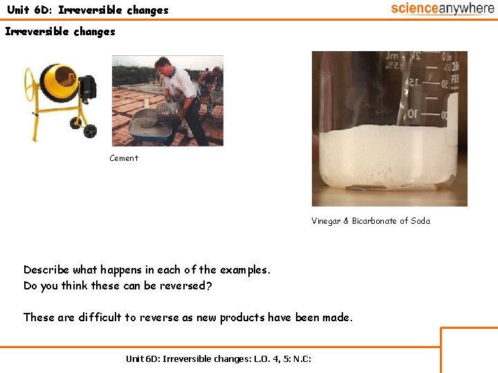 Unit 6 D: Irreversible changes Cement Vinegar & Bicarbonate of Soda Describe what happens