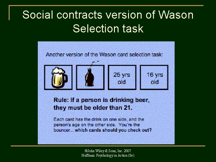 Social contracts version of Wason Selection task ©John Wiley & Sons, Inc. 2007 Huffman: