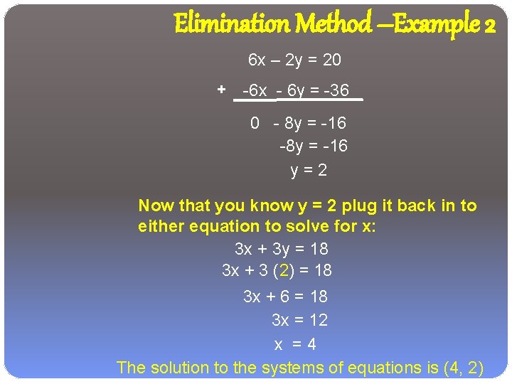 Elimination Method –Example 2 6 x – 2 y = 20 + -6 x