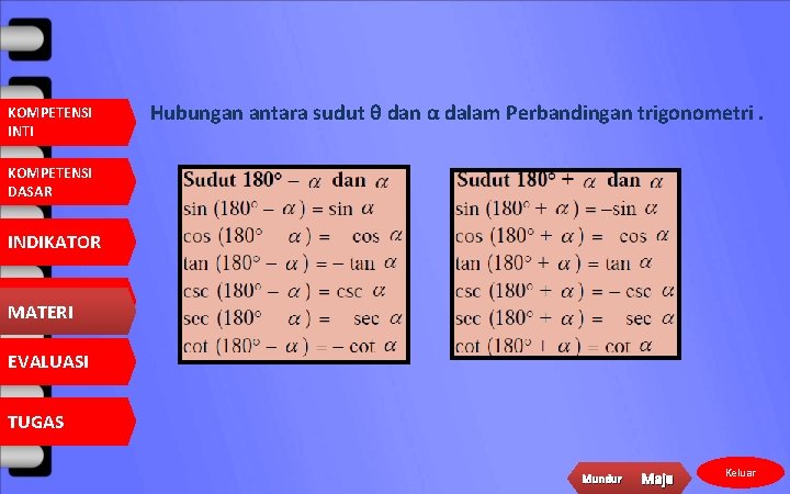 KOMPETENSI INTI Hubungan antara sudut θ dan α dalam Perbandingan trigonometri. KOMPETENSI DASAR INDIKATOR