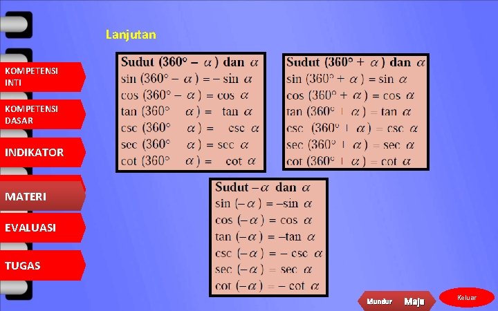 Lanjutan KOMPETENSI INTI KOMPETENSI DASAR INDIKATOR MATERI EVALUASI TUGAS Mundur Maju Keluar 