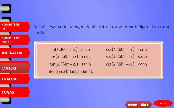 KOMPETENSI INTI Untuk besar sudut yang melebihi satu putaran penuh digunakan rumus berikut KOMPETENSI