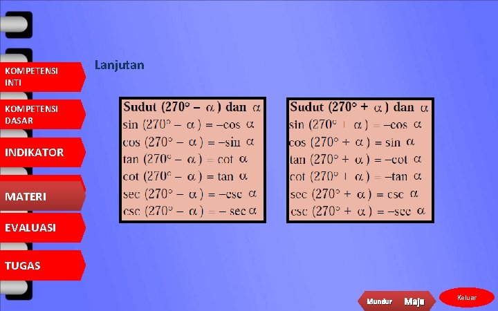 KOMPETENSI INTI Lanjutan KOMPETENSI DASAR INDIKATOR MATERI EVALUASI TUGAS Mundur Maju Keluar 