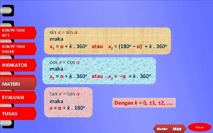 KOMPETENSI INTI KOMPETENSI DASAR INDIKATOR MATERI EVALUASI TUGAS sin x = sin α maka