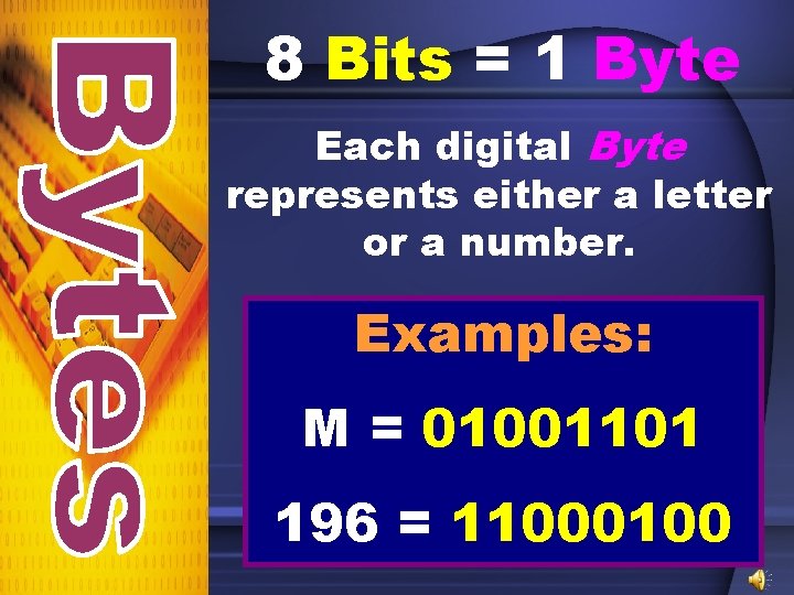 8 Bits = 1 Byte Each digital Byte represents either a letter or a 8 Bits = 1 Byte Each digital Byte represents either a letter or a