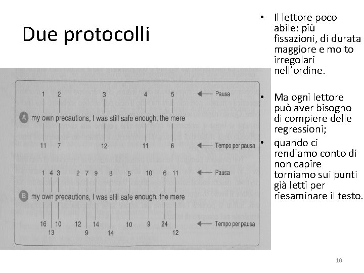 Due protocolli • Il lettore poco abile: più fissazioni, di durata maggiore e molto