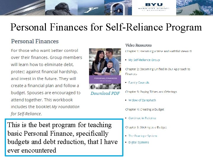 Personal Finances for Self-Reliance Program This is the best program for teaching basic Personal