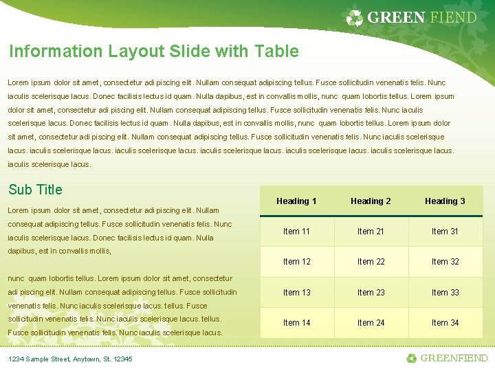 GREEN FIEND Information Layout Slide with Table Lorem ipsum dolor sit amet, consectetur adi