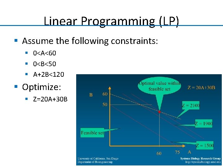 Linear Programming (LP) § Assume the following constraints: § 0<A<60 § 0<B<50 § A+2