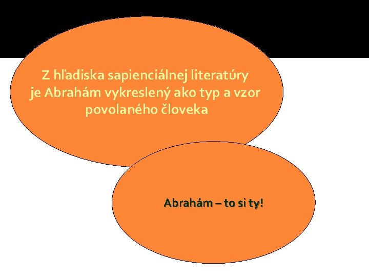 Z hľadiska sapienciálnej literatúry je Abrahám vykreslený ako typ a vzor povolaného človeka Abrahám Z hľadiska sapienciálnej literatúry je Abrahám vykreslený ako typ a vzor povolaného človeka Abrahám