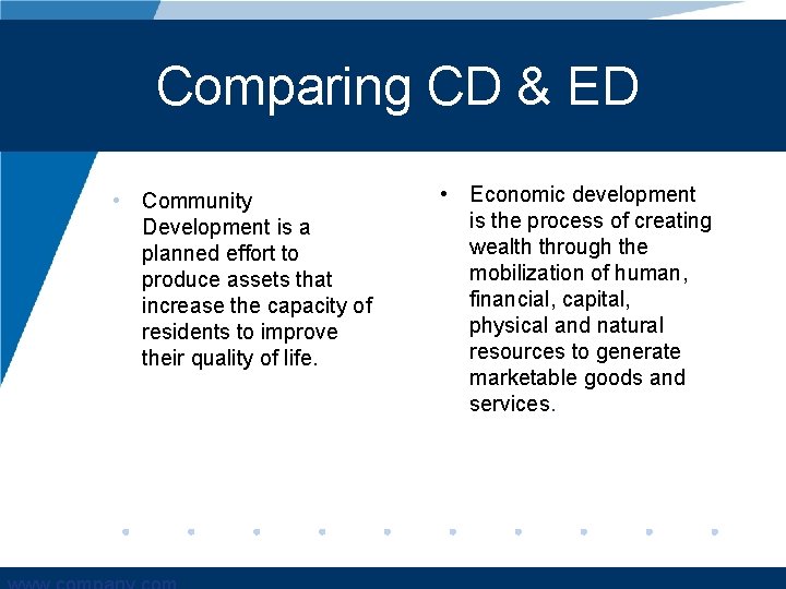 Comparing CD & ED • Community Development is a planned effort to produce assets