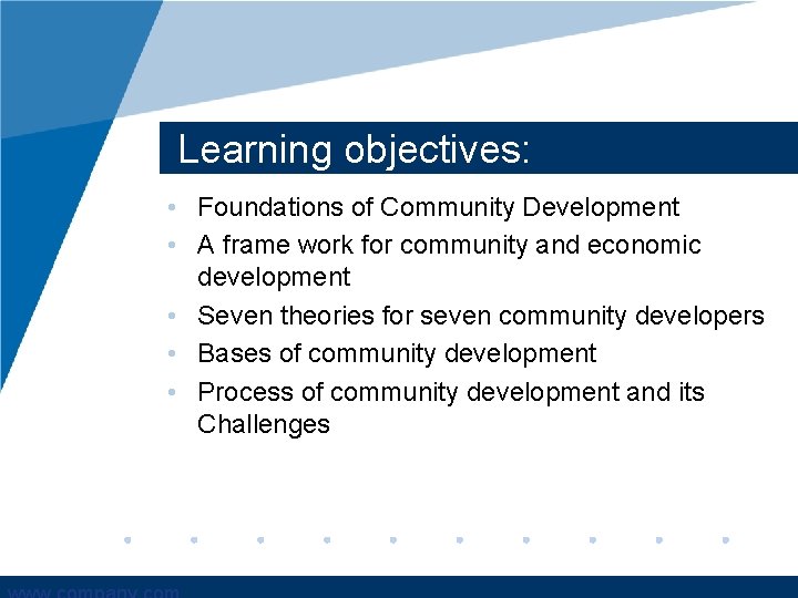 Learning objectives: • Foundations of Community Development • A frame work for community and