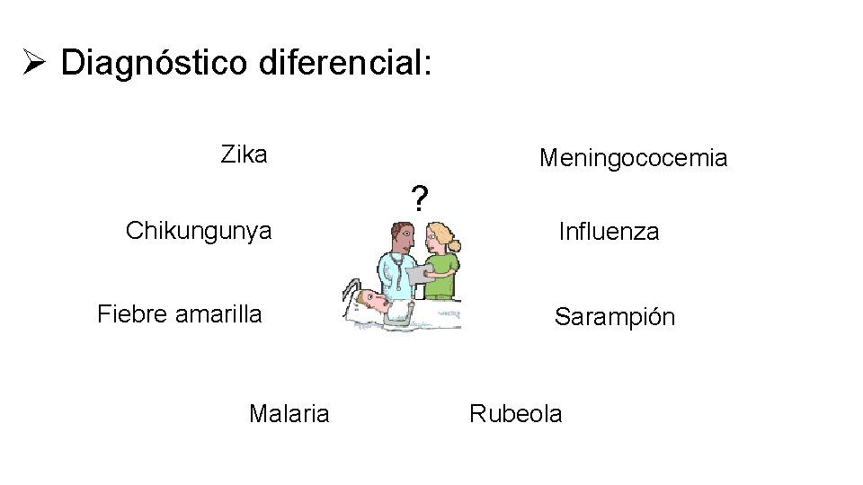 Ø Diagnóstico diferencial: Zika Chikungunya Fiebre amarilla Malaria Meningococemia ? Influenza Sarampión Rubeola 