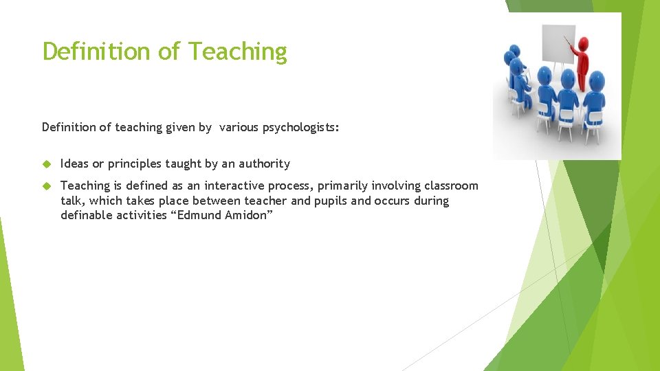Definition of Teaching Definition of teaching given by various psychologists: Ideas or principles taught