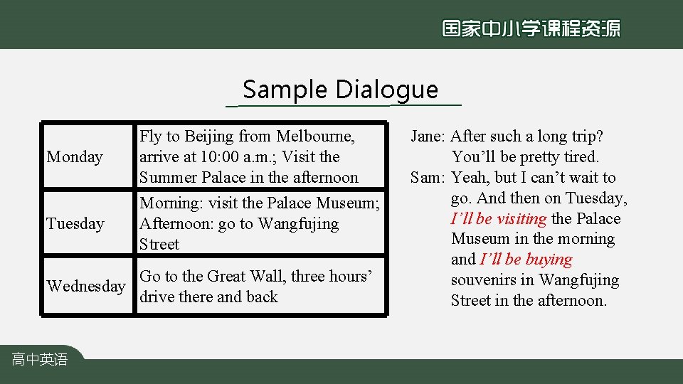 Sample Dialogue Monday Tuesday Fly to Beijing from Melbourne, arrive at 10: 00 a.