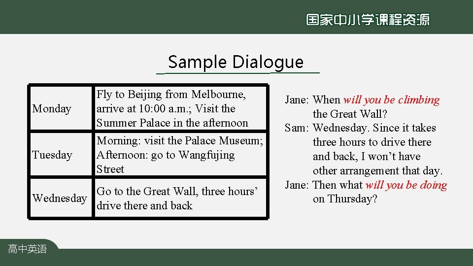 Sample Dialogue Monday Tuesday Fly to Beijing from Melbourne, arrive at 10: 00 a.