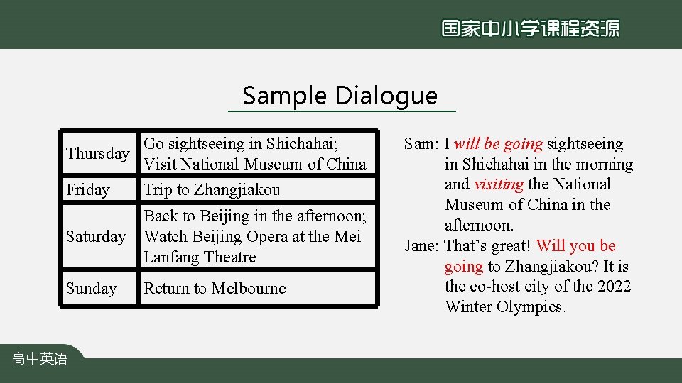 Sample Dialogue Go sightseeing in Shichahai; Thursday Visit National Museum of China Friday Trip