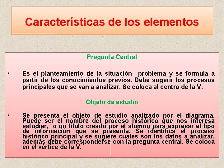 Características de los elementos Pregunta Central • Es el planteamiento de la situación problema