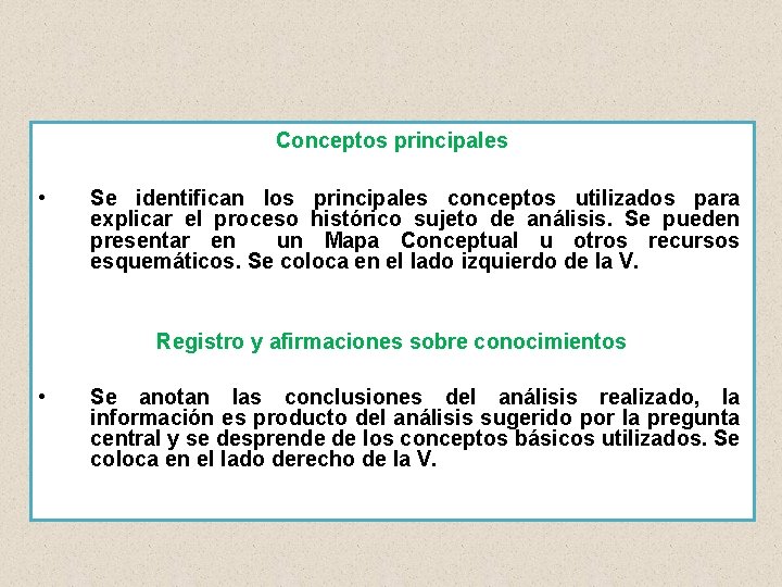 Conceptos principales • Se identifican los principales conceptos utilizados para explicar el proceso histórico