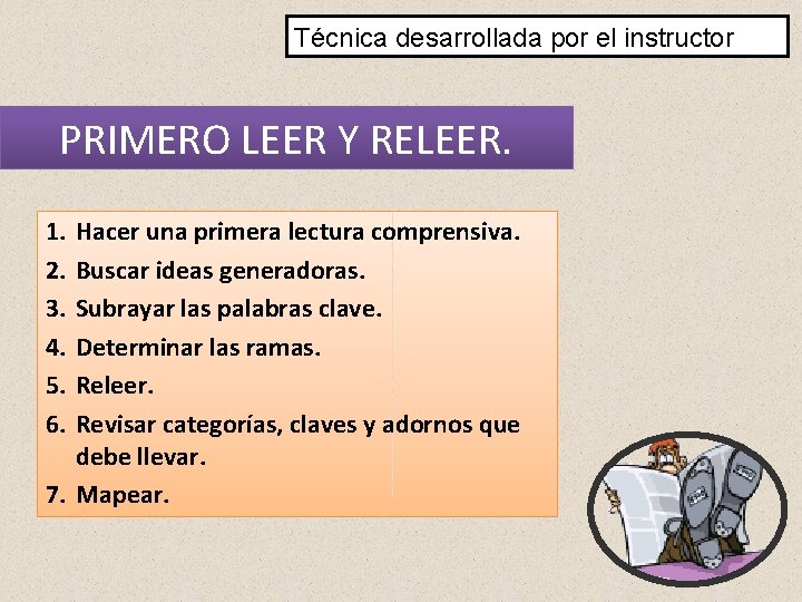 Técnica desarrollada por el instructor PRIMERO LEER Y RELEER. 1. 2. 3. 4. 5.