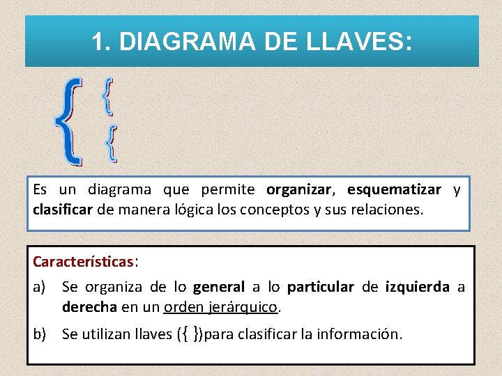 1. DIAGRAMA DE LLAVES: Es un diagrama que permite organizar, esquematizar y clasificar de