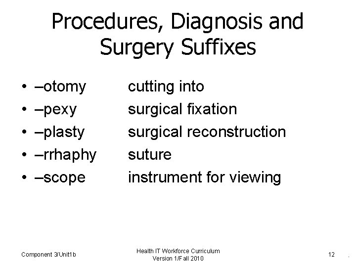 Procedures, Diagnosis and Surgery Suffixes • • • –otomy –pexy –plasty –rrhaphy –scope Component