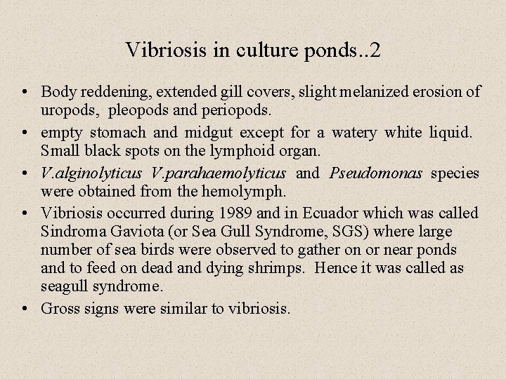 Vibriosis in culture ponds. . 2 • Body reddening, extended gill covers, slight melanized