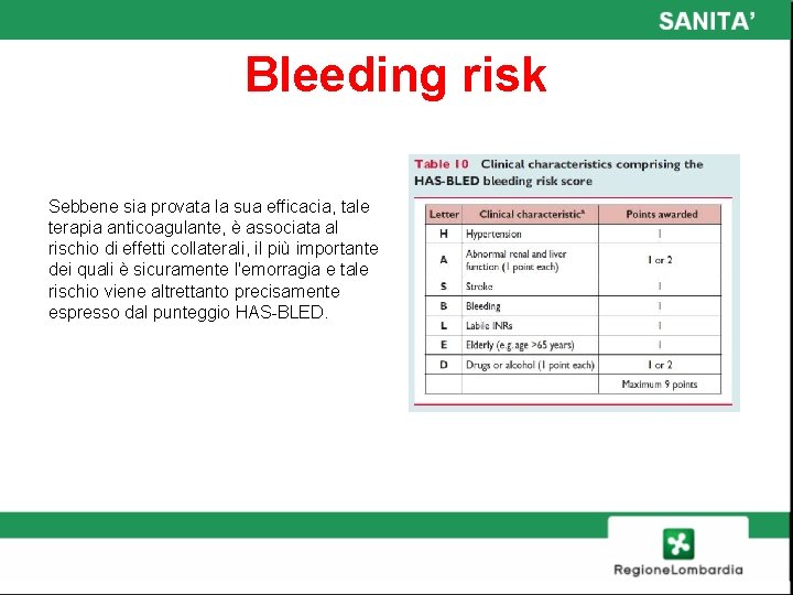 Bleeding risk Sebbene sia provata la sua efficacia, tale terapia anticoagulante, è associata al