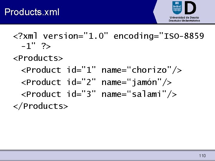 Products. xml <? xml version="1. 0" encoding="ISO-8859 -1" ? > <Products> <Product id="1" name=“chorizo"/>