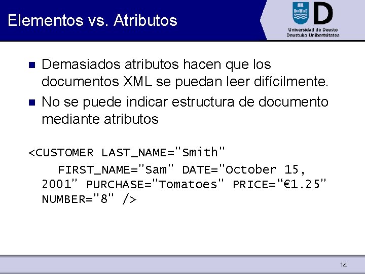 Elementos vs. Atributos n n Demasiados atributos hacen que los documentos XML se puedan