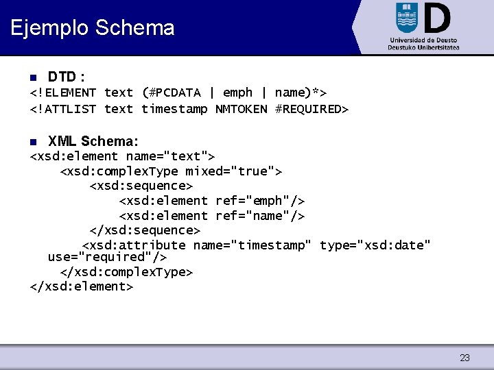 Ejemplo Schema n DTD : <!ELEMENT text (#PCDATA | emph | name)*> <!ATTLIST text