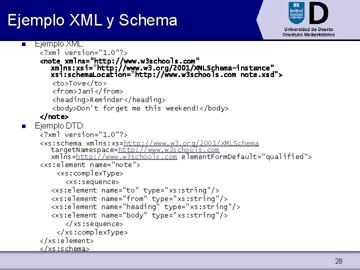 Ejemplo XML y Schema n Ejemplo XML: <? xml version="1. 0"? > <note xmlns="http: