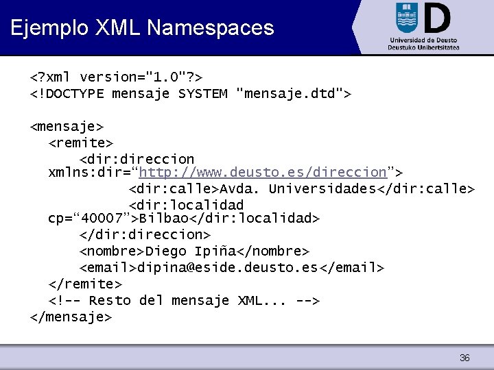 Ejemplo XML Namespaces <? xml version="1. 0"? > <!DOCTYPE mensaje SYSTEM "mensaje. dtd"> <mensaje>