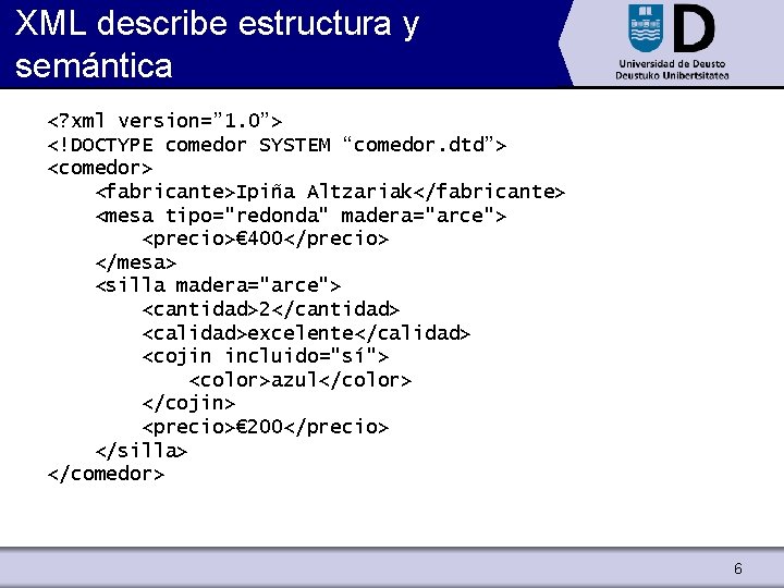 XML describe estructura y semántica <? xml version=” 1. 0”> <!DOCTYPE comedor SYSTEM “comedor.