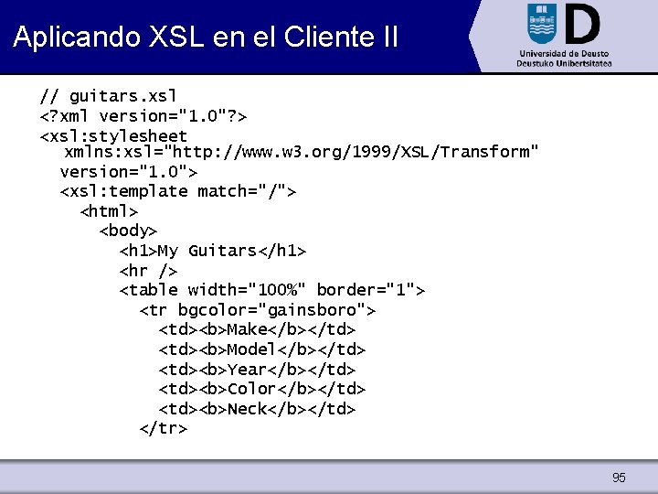 Aplicando XSL en el Cliente II // guitars. xsl <? xml version="1. 0"? >