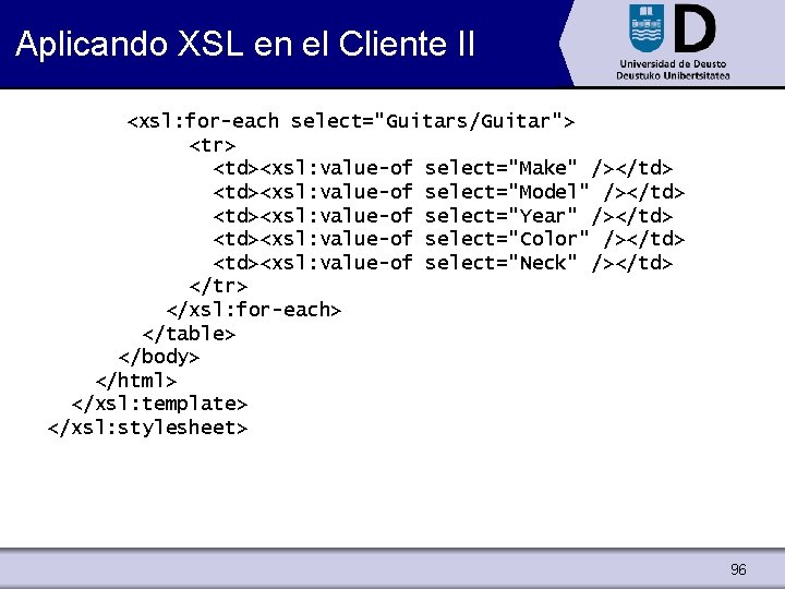 Aplicando XSL en el Cliente II <xsl: for-each select="Guitars/Guitar"> <tr> <td><xsl: value-of select="Make" /></td>