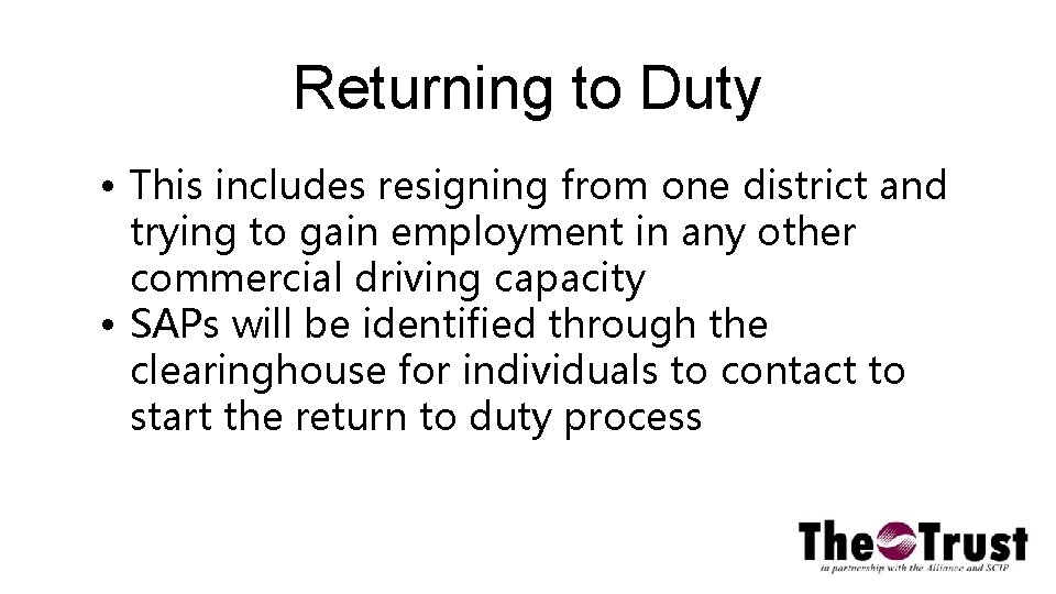 Returning to Duty • This includes resigning from one district and trying to gain